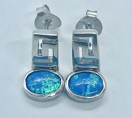 Joia azul retro da qualidade de 925 Sterling Silver Meander Modern Design Opal Greek Key Dangle Earrings