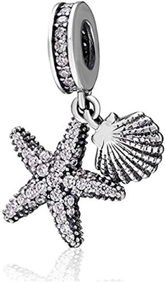Estrela do mar &amp; mar tropicais Shell Hanging Charm - 925 Sterling Silver Beads - bracelete europeu do encanto do grânulo do estilo