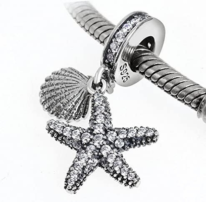 Estrela do mar &amp; mar tropicais Shell Hanging Charm - 925 Sterling Silver Beads - bracelete europeu do encanto do grânulo do estilo
