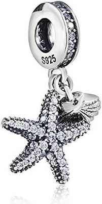 Estrela do mar &amp; mar tropicais Shell Hanging Charm - 925 Sterling Silver Beads - bracelete europeu do encanto do grânulo do estilo