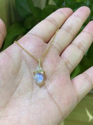Colar natural sextavada de Moonstone, comprimento da colar 14inch da corrente do cabo do ouro 14k