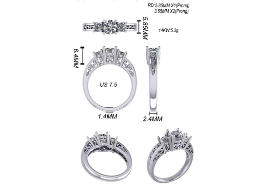 joia do ouro maciço de 0.8ct 14k, dente que ajusta RD5.85mm Diamond Three Stone Ring