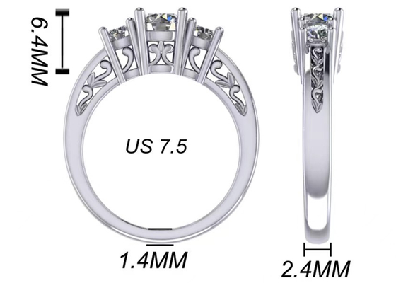 joia do ouro maciço de 0.8ct 14k, dente que ajusta RD5.85mm Diamond Three Stone Ring