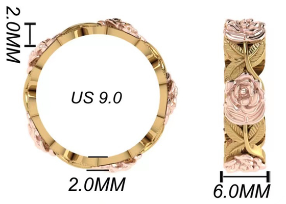 tri largura 6mm de Ring Thickness 2mm do acoplamento da flor e da folha da cor 14K