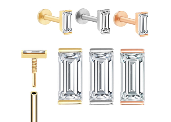 ODM perfurando do OEM do brinco da joia do corpo do ouro 14K com diamante do retângulo