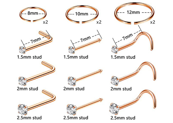 O ODM 18k Rose Gold Nose Ring, cheira o diamante natural de Pin With 1.5-2.5mm da perfuração