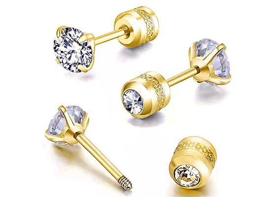 Brincos traseiros lisos do parafuso prisioneiro do ouro 14k Hypoallergenic com o diamante redondo 4mm minúsculo de 2mm