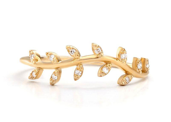 14K o ouro amarelo Olive Branch Diamond Ring Round cortou o tamanho de 1.2mm