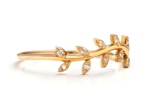 14K o ouro amarelo Olive Branch Diamond Ring Round cortou o tamanho de 1.2mm