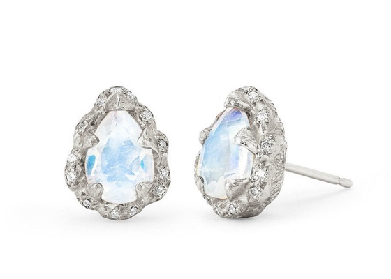 A gota da água lapidou brincos do ouro 9K com o diamante real de 6×8MM Moonstone