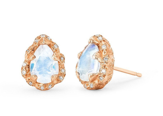 A gota da água lapidou brincos do ouro 9K com o diamante real de 6×8MM Moonstone