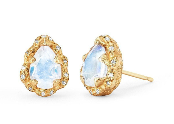 A gota da água lapidou brincos do ouro 9K com o diamante real de 6×8MM Moonstone